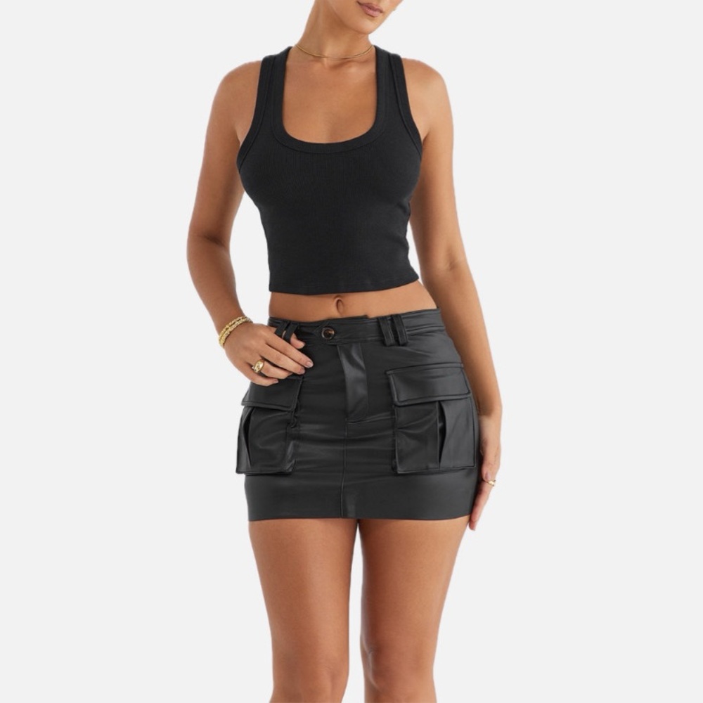 Mistress Rock Black Vegan Leather Cargo Skirt